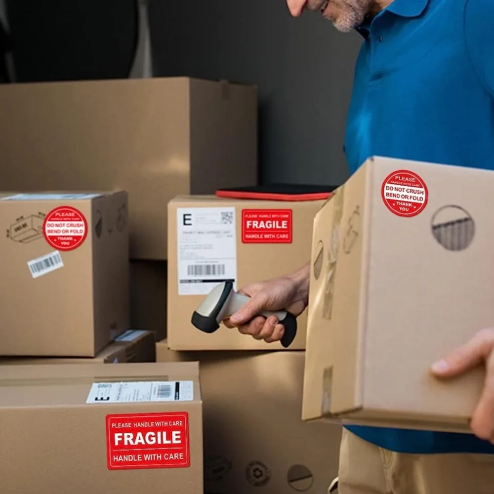 New 100 Pcs Handle With Care Fragile Circle Rectangle Packing Stickers